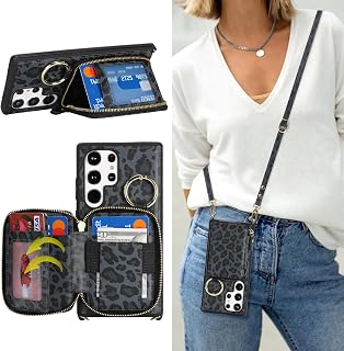 Crossbody Wallet Case for Galaxy S23 Ultra -Black Leopard