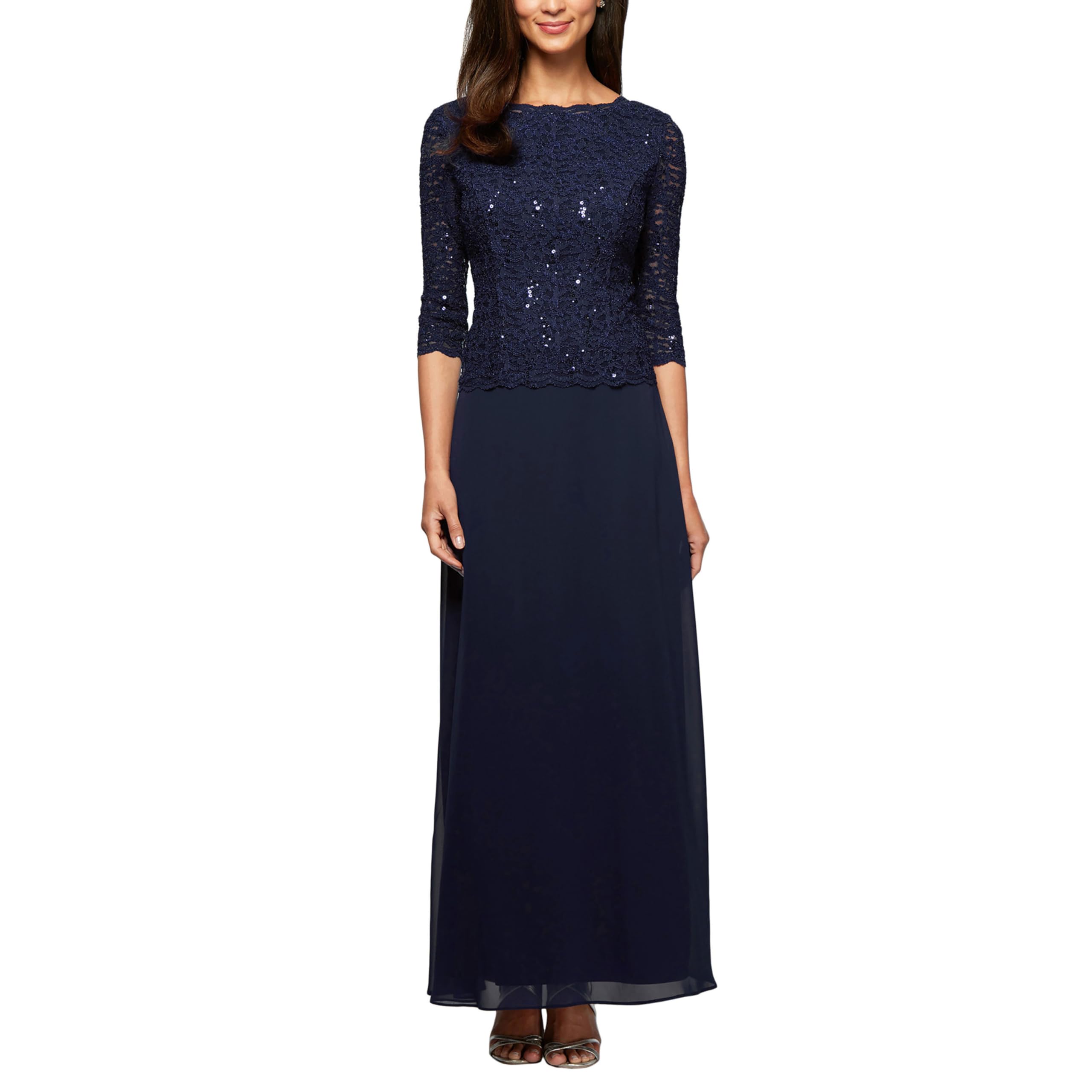 Alex Evenings Women's 3/4 Sleeve Stretch Lace Bodice Mock One Piece Gown