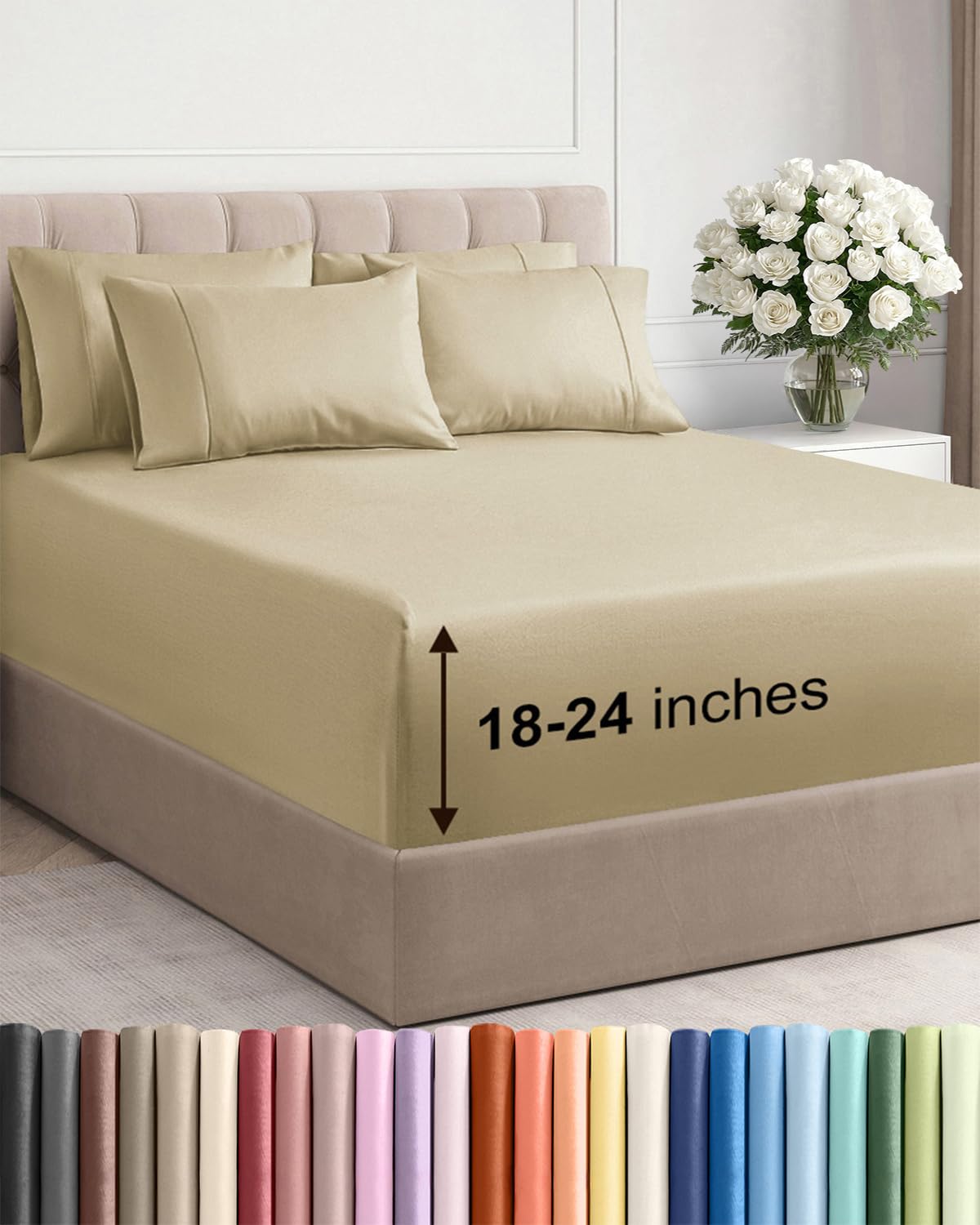 Cal King Extra Deep 6 Piece Bed Sheet Set, Breathable & Cooling - Luxury Hotel Q