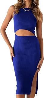 PRETTYGARDEN Women's Summer Midi Bodycon Dresses Casual Round Neck Side Slit Sleeveless Knitted Cut Out Tank Top Dress