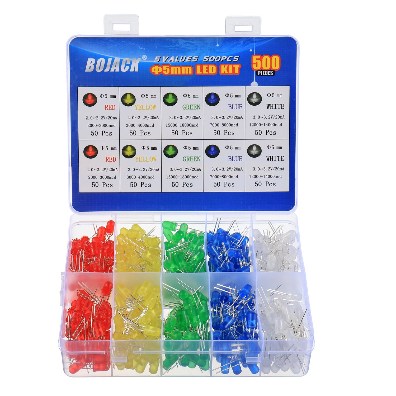 BOJACK 5 Colors 500 pcs 5mm LED Diode Lights Assored Kit Pack Bright Lighting Bu