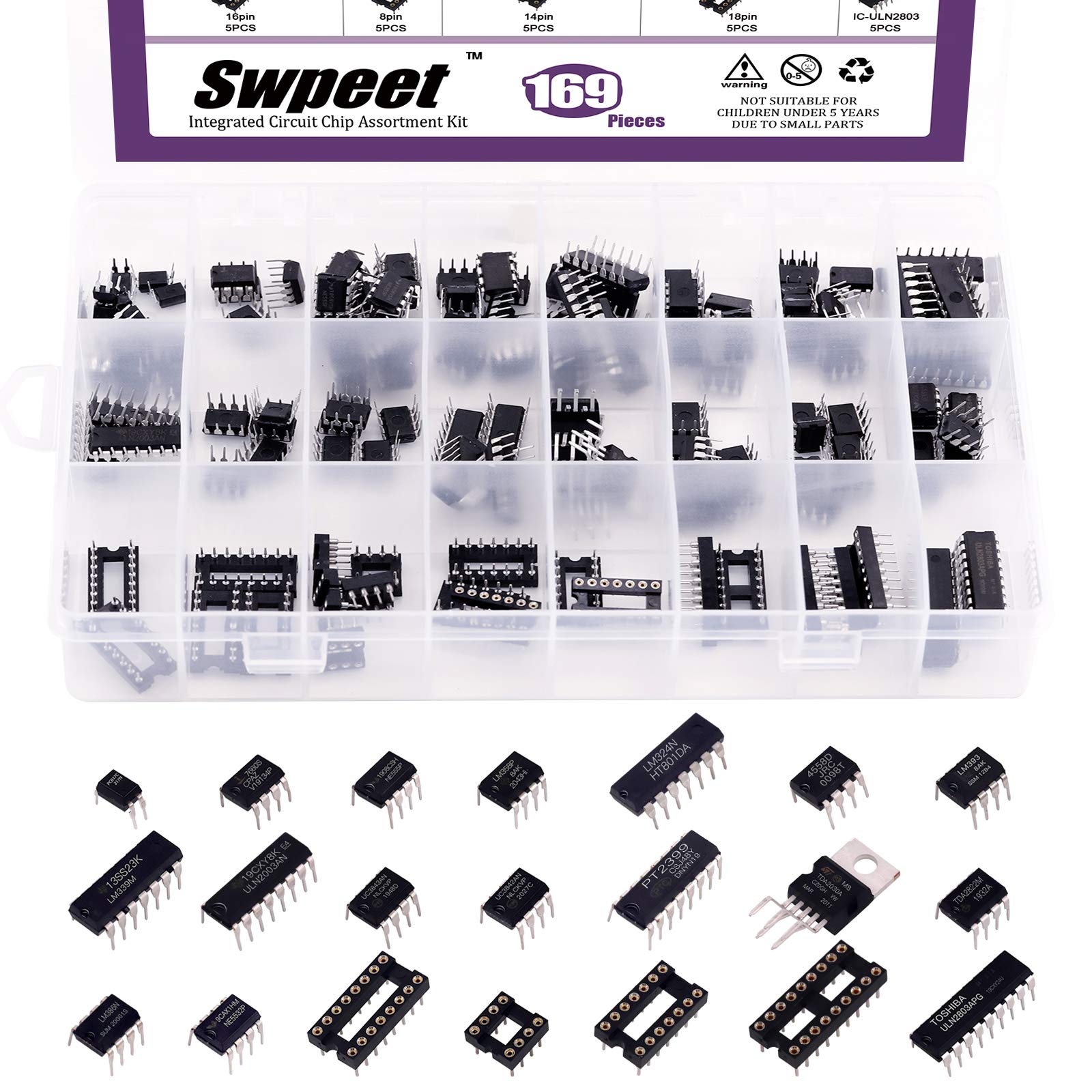 Swpeet 169Pcs 21 Types Integrated Circuit Chip Assortment Kit, Including Opamp, 