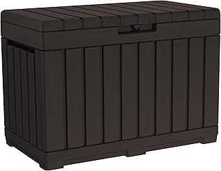 Keter Kentwood 50 Gal Outdoor Storage Box and Patio Side Table | Brown, Resin, Compact, Waterproof, Lockable, Durable, Easy Assembly, Organization, Patio Cushions Storage