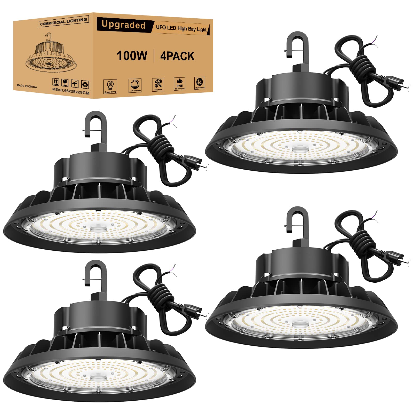 UFO LED High Bay Light 100W 4Pack, High Bay LED Lights 14,000LM Dimmable High Ba