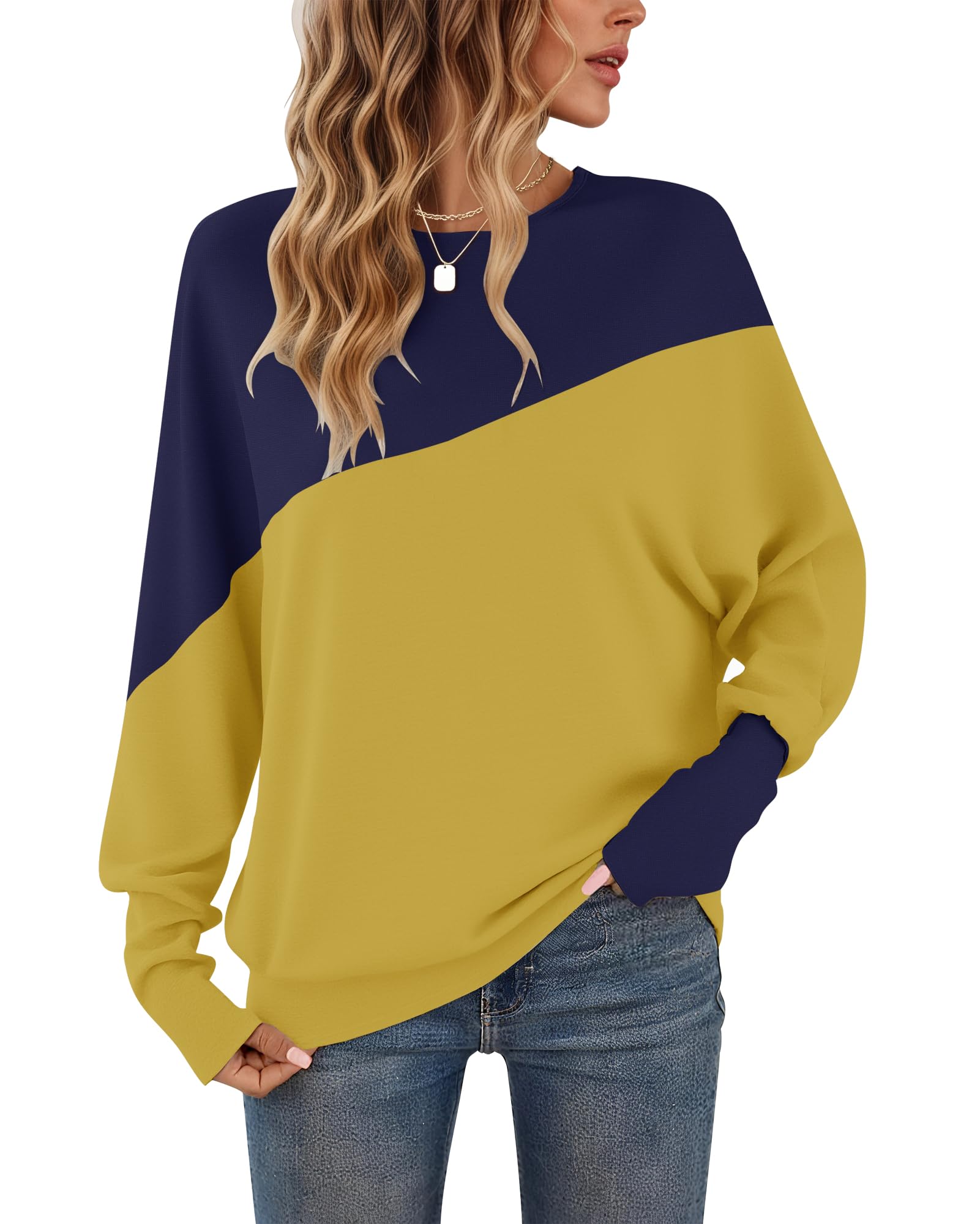 WNEEDU Women's Color Block Long Sleeve T-Shirt