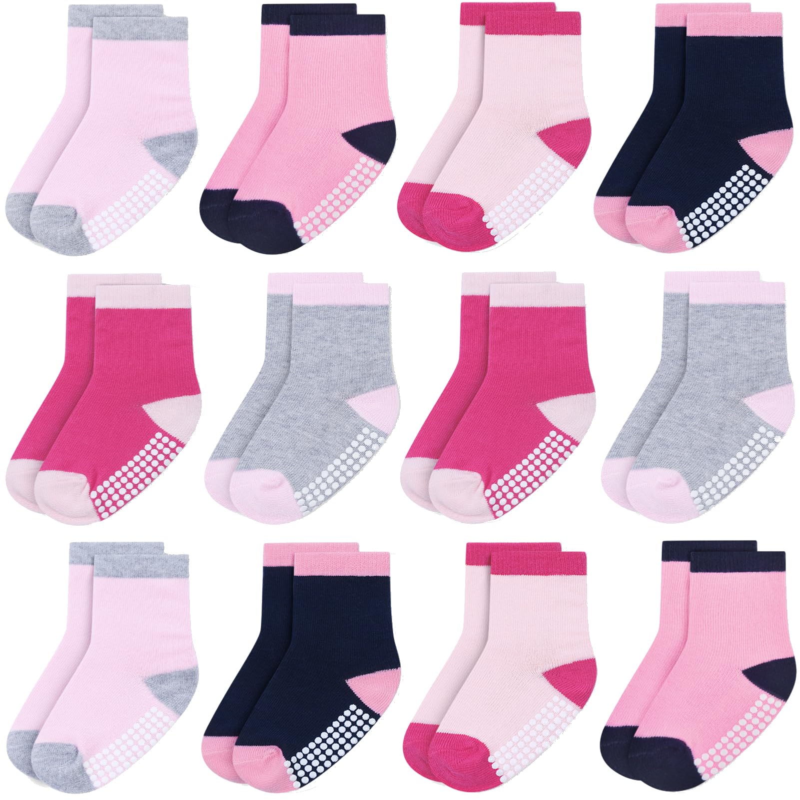 JAKIDAR 12 Pack Baby Toddler Socks Non Slip Grip Cotton Crew Socks for Boys Girl