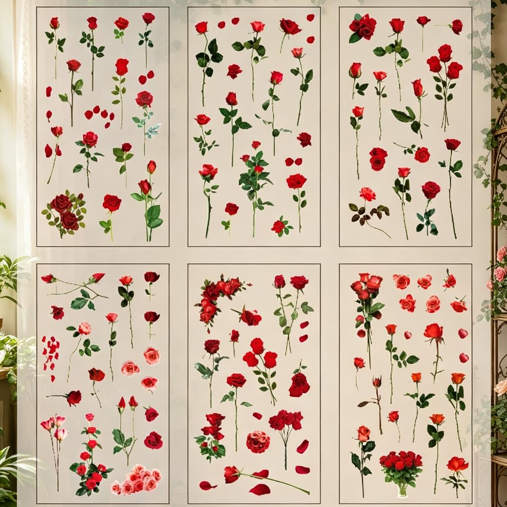 6 Sheets Red Roses Transparent PVC Stickers for Scrapbooking Journal DIY Crafts