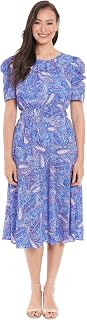 London Times Women's Caterpillar Puff Sleeve Midi Dress - Gathered Waist A-Line Flowy Summer Dress