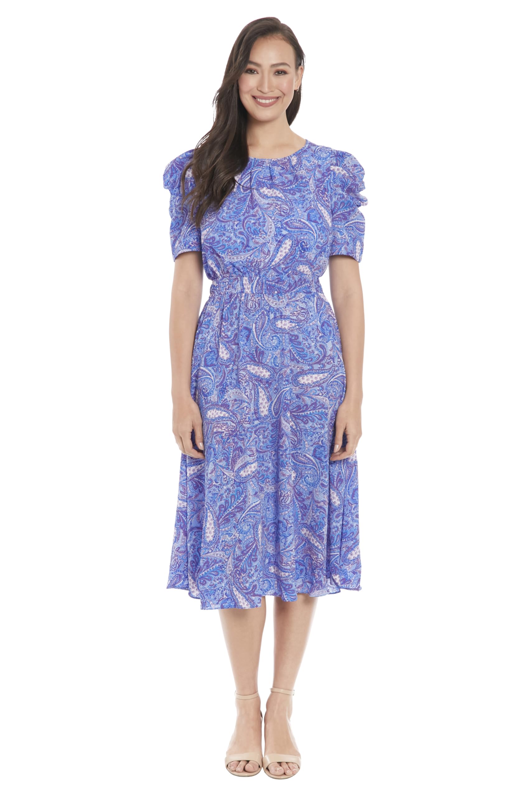 London Times Women's Caterpillar Puff Sleeve Midi Dress - Gathered Waist A-Line 