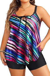 Daci Women Plus Size Tankini Swimsuit with Pockets Shorts, Color Striped