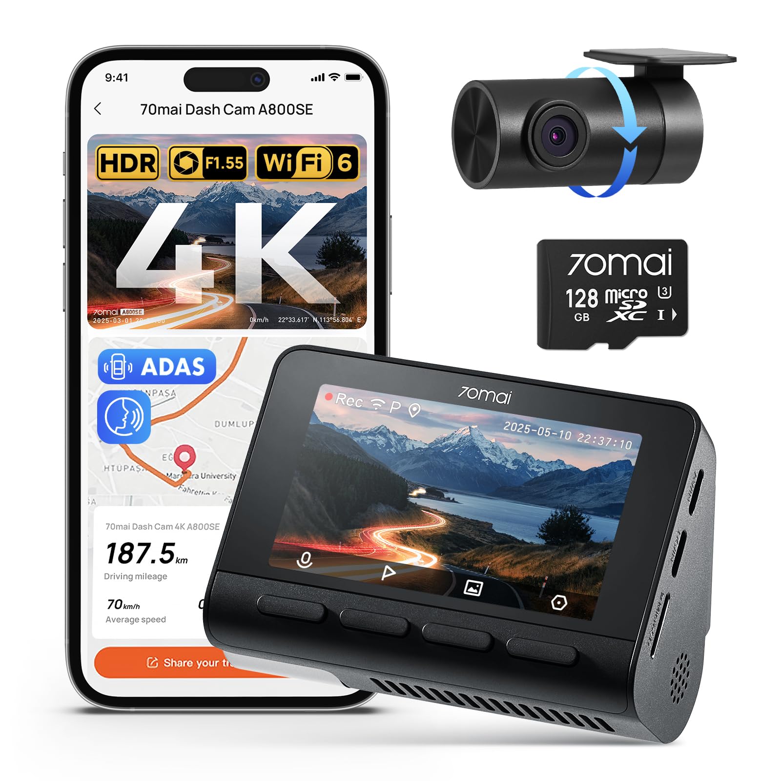 70mai 4K Dash Cam Front and Rear, Built in Wi-Fi 6 & GPS Car Camera, Super Night