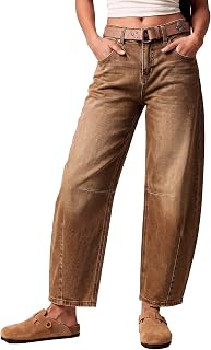 Sidefeel Women's Barrel Jeans Wide Leg Mid Rise Y2k Ankle Denim Pants