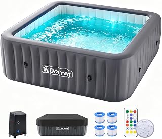 DoCred 4-6 Person Inflatable Hot Tub, 73" X 73" X 25" Square Portable Spa | Upgrade Full Mesh Blow Up Hot Tub with 130 Bubble Jets, Outdoor Bathtub Set Included Heater Pump, Adsorption Light and Filter