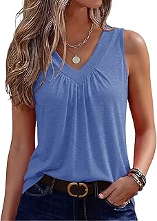 Zeagoo Women's Summer Tank Top Sleeveless Loose Fit V-Neck Pleated Basic Elegant Casual Fashion