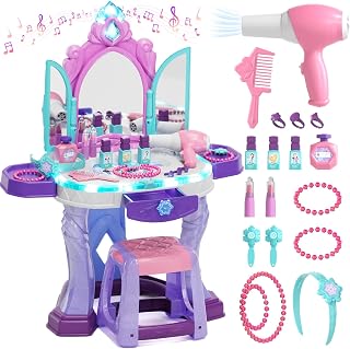 Lehoo Castle Kids Vanity with Mirror and Stool | Toddler Makeup Vanity Dressing Table with Light and Music, Pretend Play Princess Toys Gifts for 3 4 5 Years Old Girls
