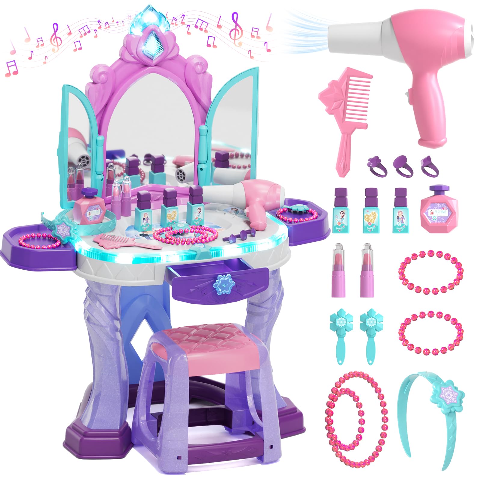Lehoo Castle Kids Vanity with Mirror and Stool | Toddler Makeup Vanity Dressing 