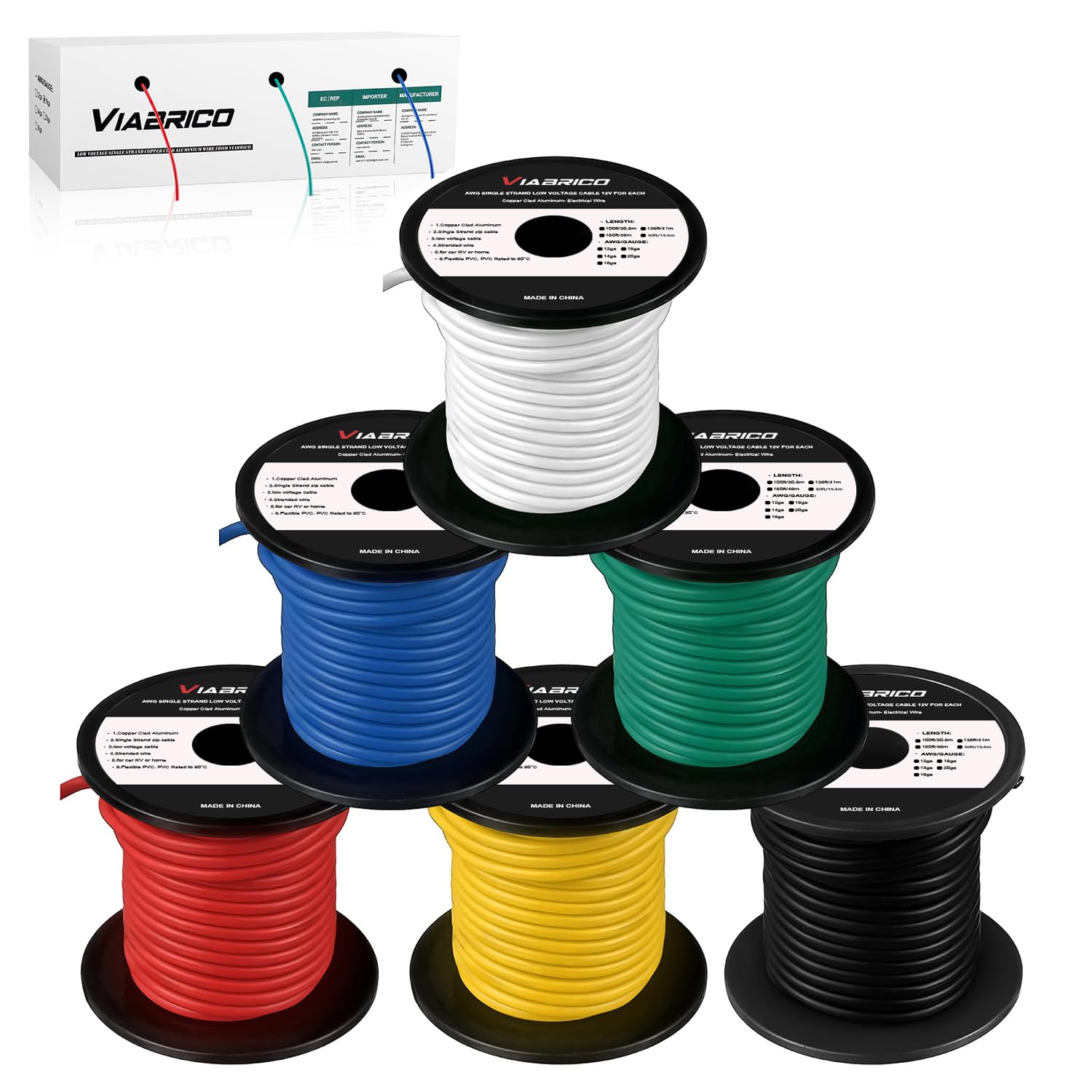 VIABRICO 14 Gauge Wire 100ft Each Spool, 14 AWG Automotive Wire 600FT | 6 Colors