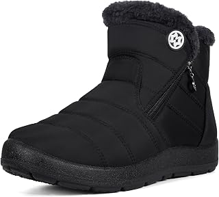 Eagsouni Botas de nieve para mujer, botines de invierno para mujer, botines con forro de piel cálida, zapatos gruesos con cremallera, zapatos planos para exteriores