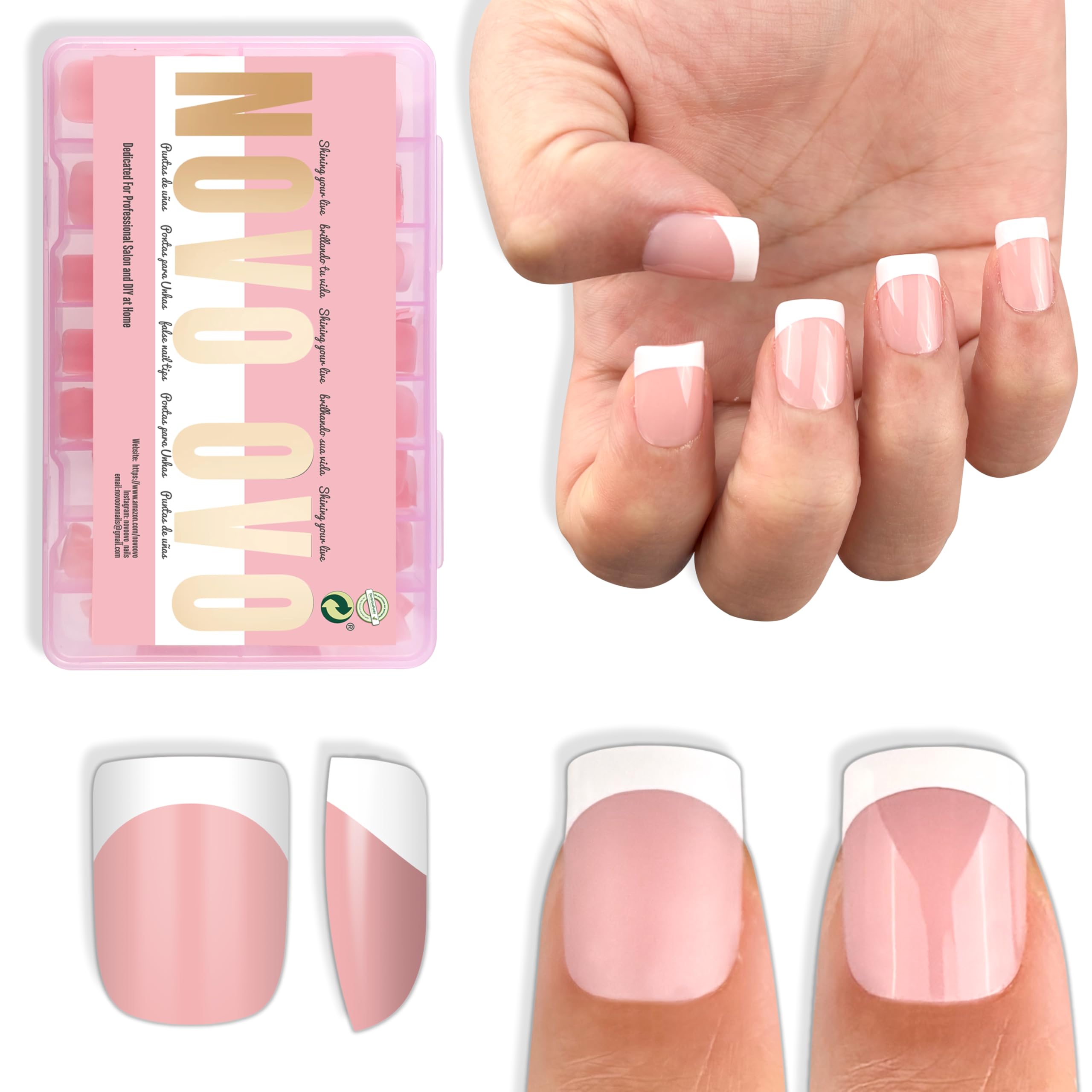 NOVO OVO 224 Pcs Extra Short White Square Round Baby Pink False Nails for Men Wo