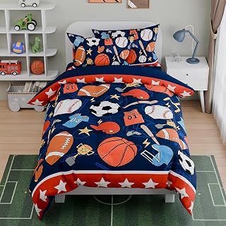 SANDJEST Sports Bedding Sets for Boys, Ultra Soft Microfiber Comforter Full Size Set with 4-Pieces, Comforters for Kids Children Boy Bedroom Decor