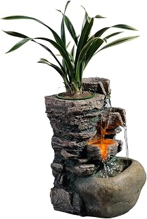 Haobos Indoor Fountain 4-Bowl Rockery Soothing Sound Tabletop Fountains Home/Office Decor with a Small Plastic Pot to Grow The Plant by Yourself(Automatic Watering)(23002)