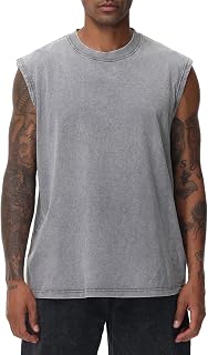 Mens Workout Tank Tops Sleeveless Tee Shirts Men Muscle Shirt Gym Acid Wash T Shirts Running Beach Loose Fit Tee