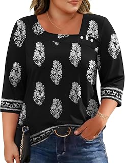 LOMON Camisetas de manga 3/4 para mujer, talla grande, cuello asimétrico, blusas de moda 2026