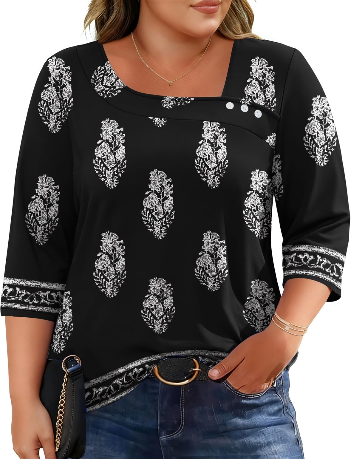LOMON Camisetas de manga 3/4 para mujer, talla grande, cuello asimétrico, blusas