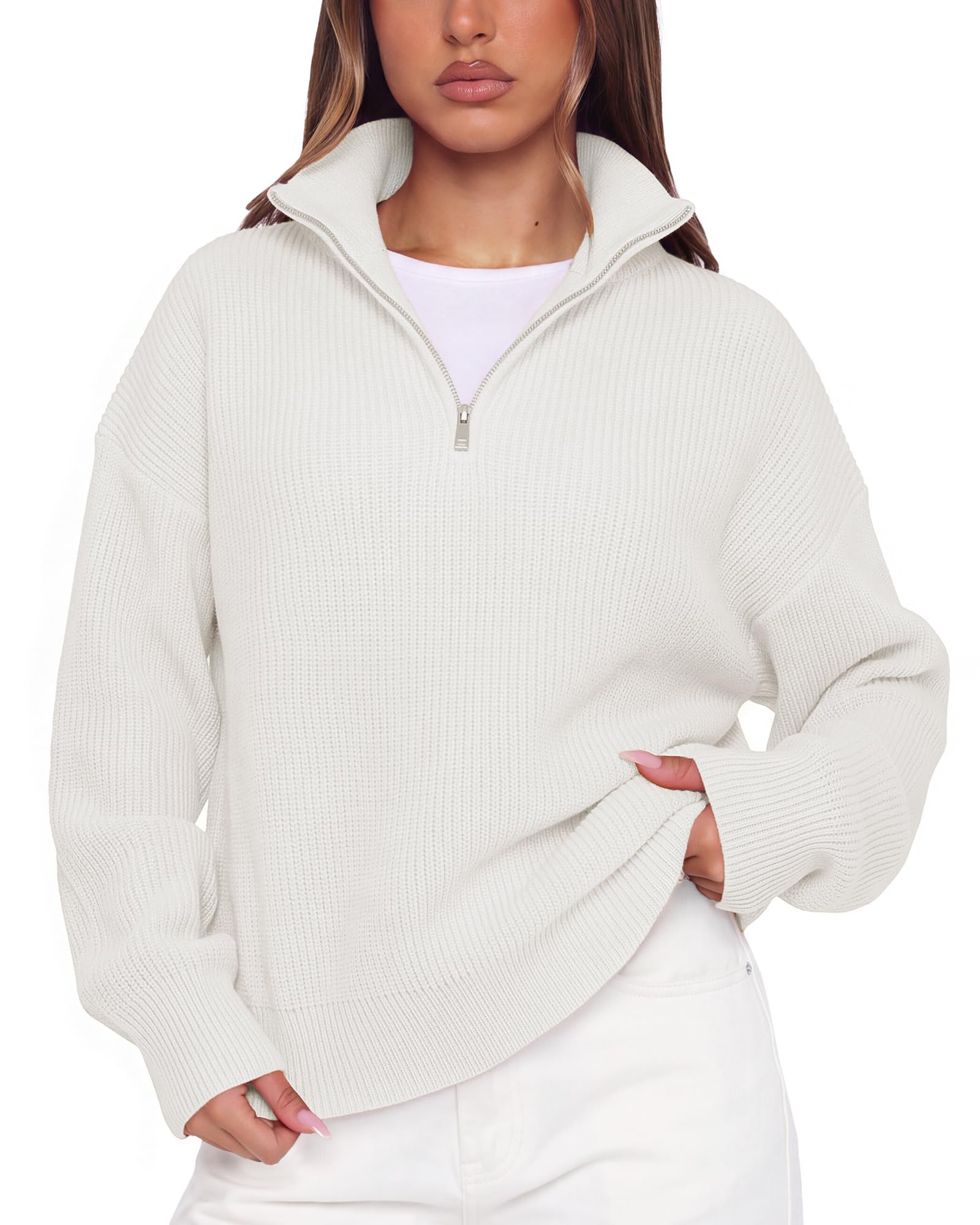 SUUKSESS Women Cashmere Blend Oversized Quarter Zip Pullover Sweater