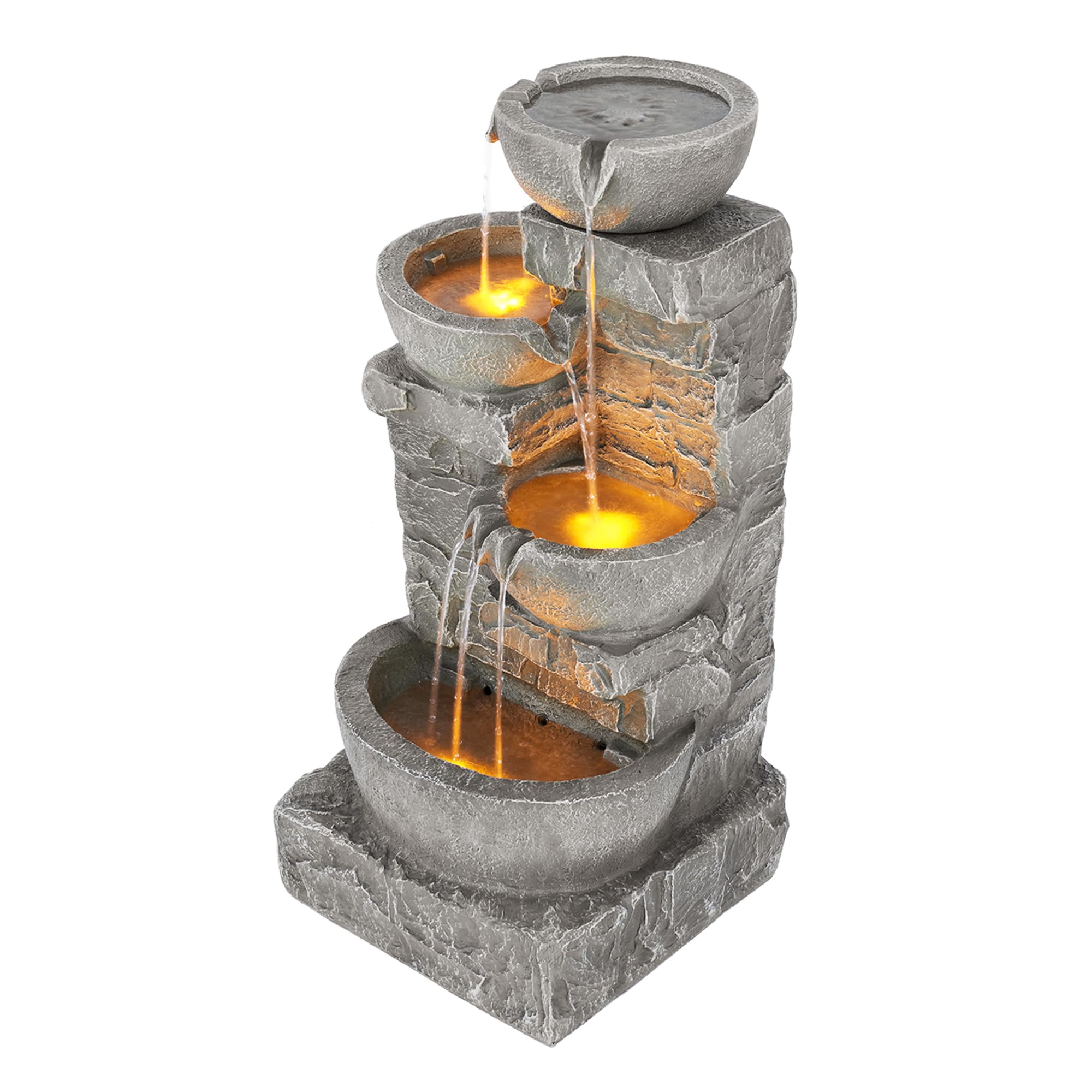 Teamson Home 33.25 in. Cascading Bowls and Stacked Stones LED Outdoor Water Foun