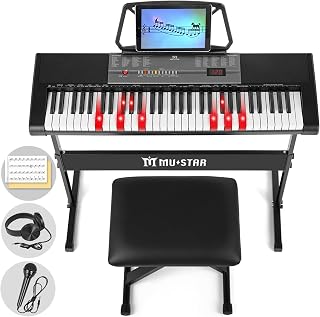 61 Key Piano Keyboard, Electronic Keyboard Piano with Lighted up Keys | LCD Screen,Headphones,Stand,Stool,Music Rest,Microphone,Stickers,Built-In Speakers,3 Teaching Modes,Ideal for Beginner Adult