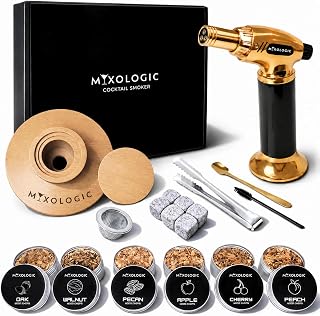 MIXOLOGIC Whiskey Smoker Kit with Torch, 6 Wood Chips, Ice Stones & Accessories, Old Fashioned Whisky Set, Cocktail Smoker for Drinks, Bourbon Infuser, Men Gift, Husband, Dad (No Butane)