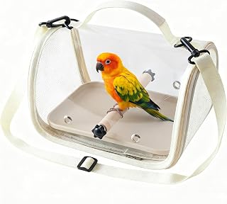 Portable Bird Travel Carrier with Transparent Front & Breathable Mesh, Lightweight Parrot Backpack Includes Wooden Perch & Washable Tray for Outdoor Hiking, Walking and Vet Visits (White)