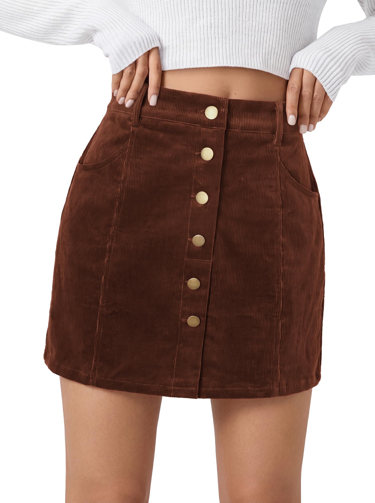 Belle Poque Womens Corduroy Short Mini Skirt Button A-Line Casual Stretchy High 