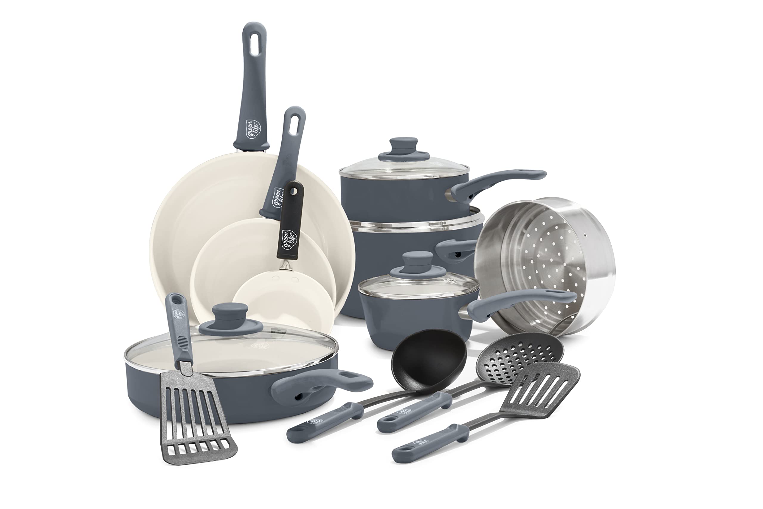 GreenLife 16 Piece Ceramic Nonstick Pots & Pans Cookware Set, Gray | PFAS-Free N