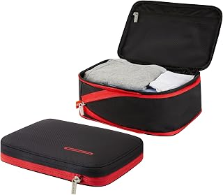 Bee Nesting Compressible Travel Bag, Zips Down to Save Approx. 50% of Space, Lightweight, For Business Trips and Travel, Transforms in Size, Has 2 Storage Compartments, multicolor (black / red)