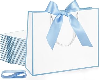 Silkfly 12 Pcs Paper Gift Bags with Handles&Bow Ribbon, White, Light Blue