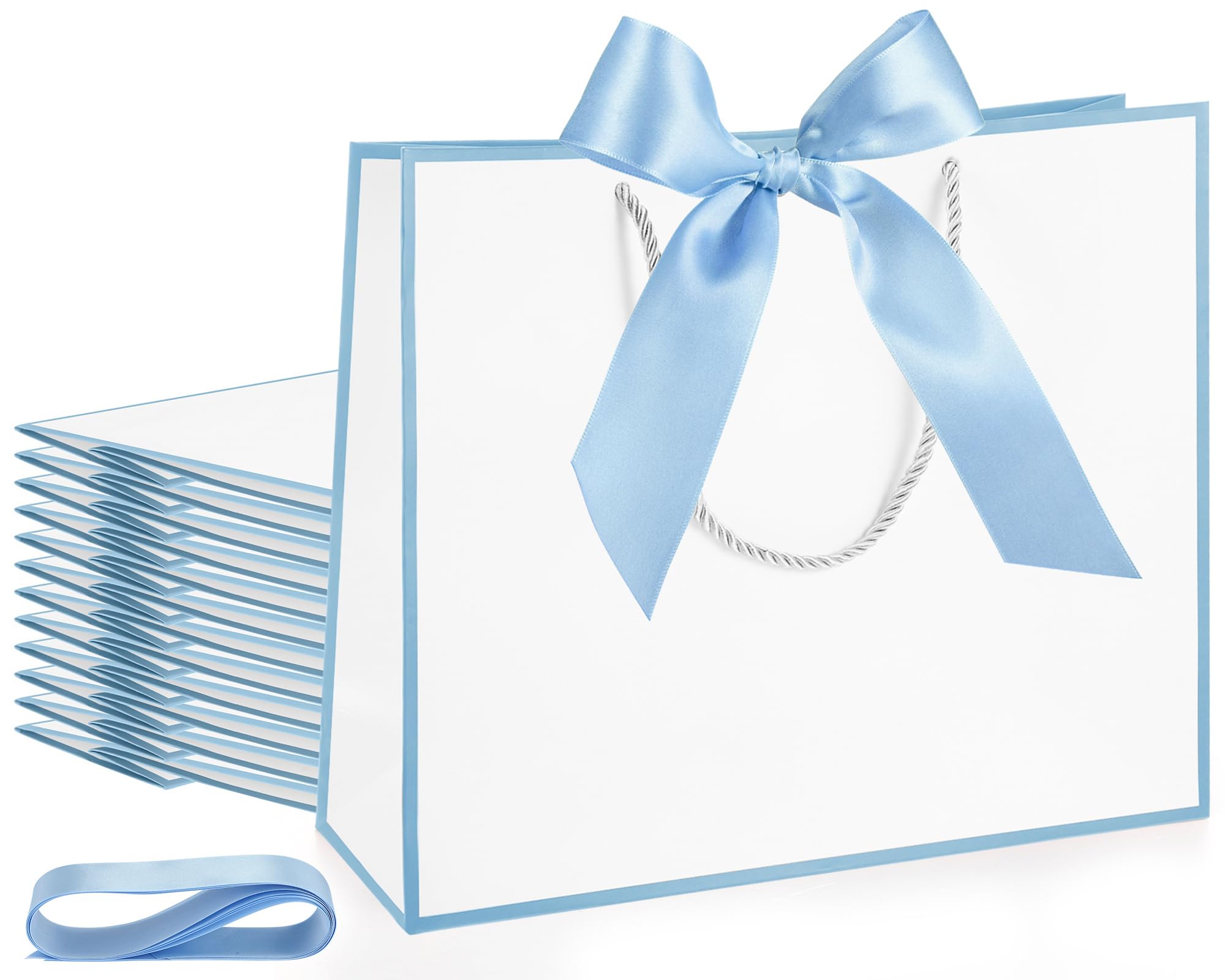 Silkfly 12 Pcs Paper Gift Bags with Handles&Bow Ribbon, White, Light Blue