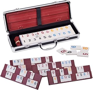 Rummy Cube Game Four Players Edition, Deluxe 106 Tiles Rummy Cube with Portable Aluminum Box, Classic Board Game for Children and Adults,4 Durable Plastic Trays,1 Dice (2-4 palyers)