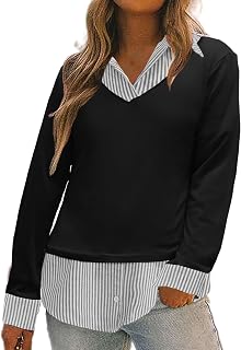 Oyamiki Women's long sleeve cotton shirt with shirt collar, V-neck knitting, casual and elegant, autumn and winter
