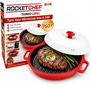 ROCKET CHEF Turbo Grill Deluxe Microwave Grill Pan, Vented Lid, Red | Ceramic nonstick surface, Heats up to 750°F, Sears, browns and crisps, Real grill marks, Easy cleanup, Recipe guide included