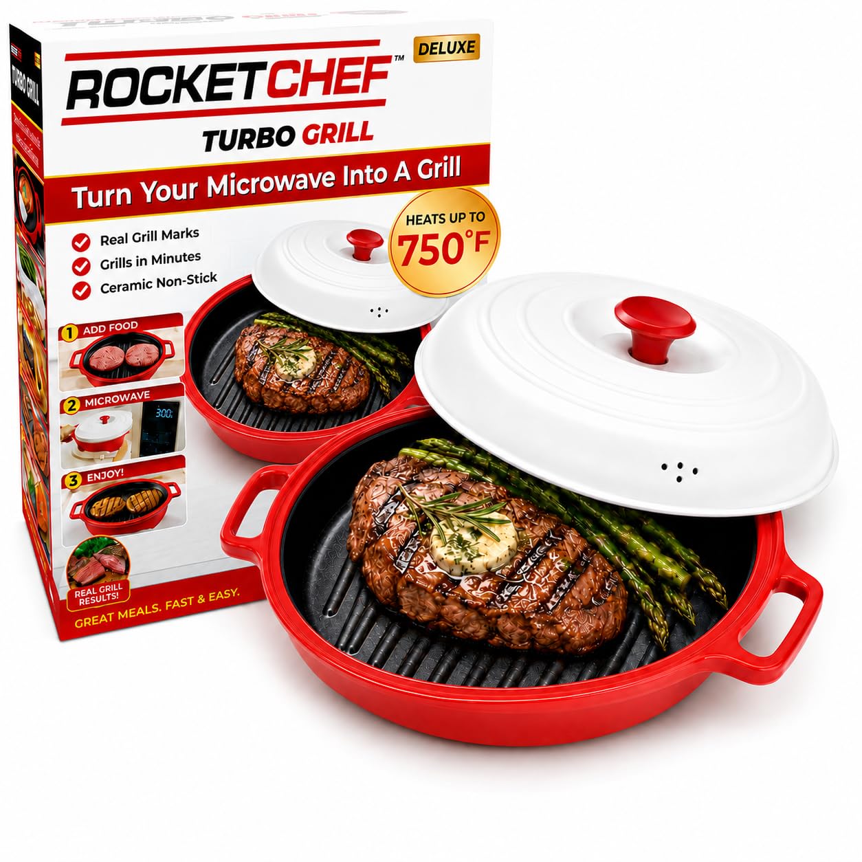 ROCKET CHEF Turbo Grill Deluxe Microwave Grill Pan, Vented Lid, Red | Ceramic no