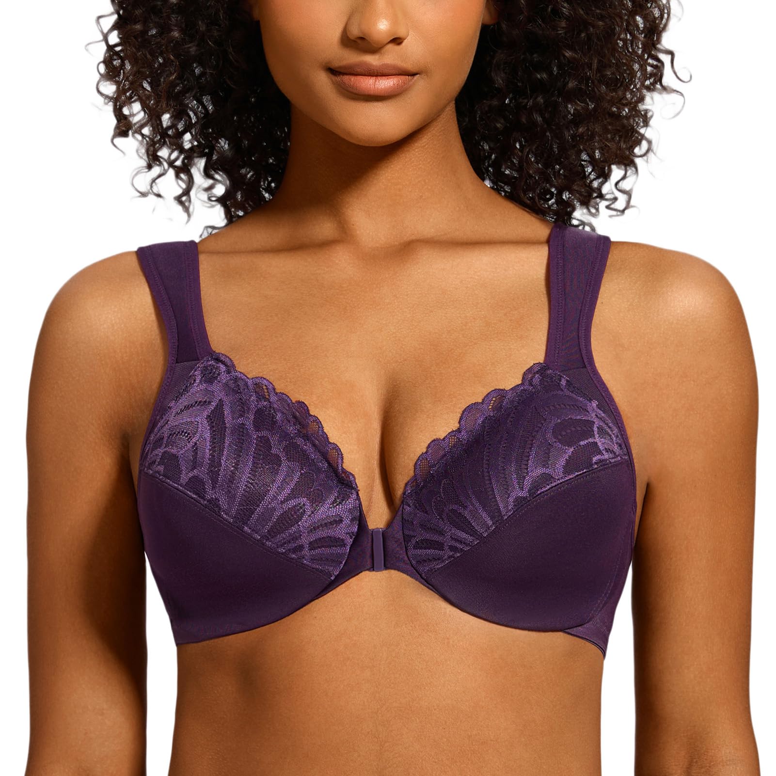 MELENECA Women's Plus Size Bra Lace Front Closure Non-Padded Straps with Underwi