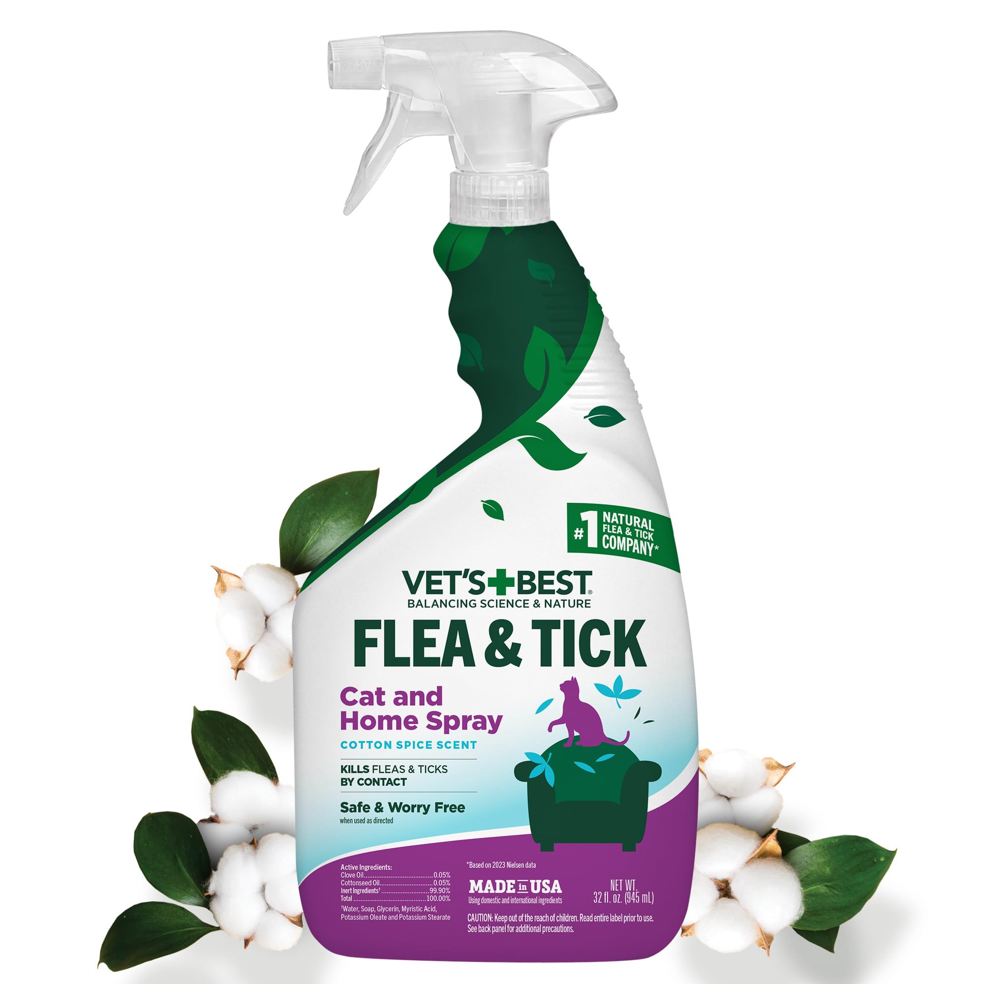 Vet's Best Flea & Tick Indoor Home Spray for Cats, Cotton Spice, 32 oz | Plant-B