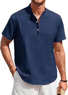 Enlision Men's Linen Short Sleeve Mao Collar Shirt Summer Men Lightweight Cotton Linen Beach Shirt Classic Casual Henley Shirt S-4XL