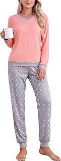 Women's Pyjamas Winter Cotton Pyjama Set Sleepwear Long Sleeve Polka Dot Pajama Pants with Pockets Soft and Comfortable
