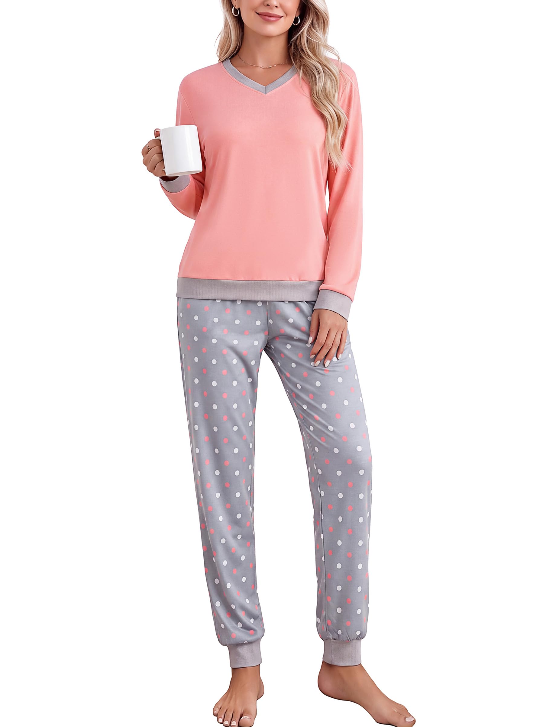 Women's Pyjamas Winter Cotton Pyjama Set Sleepwear Long Sleeve Polka Dot Pajama 