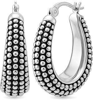 LeCalla 925 Sterling Silver Bali-Style Hoop Earrings Lightweight Click-Top Antique Two-Tone Beaded Italian Bali Style Earring Hoops for Women