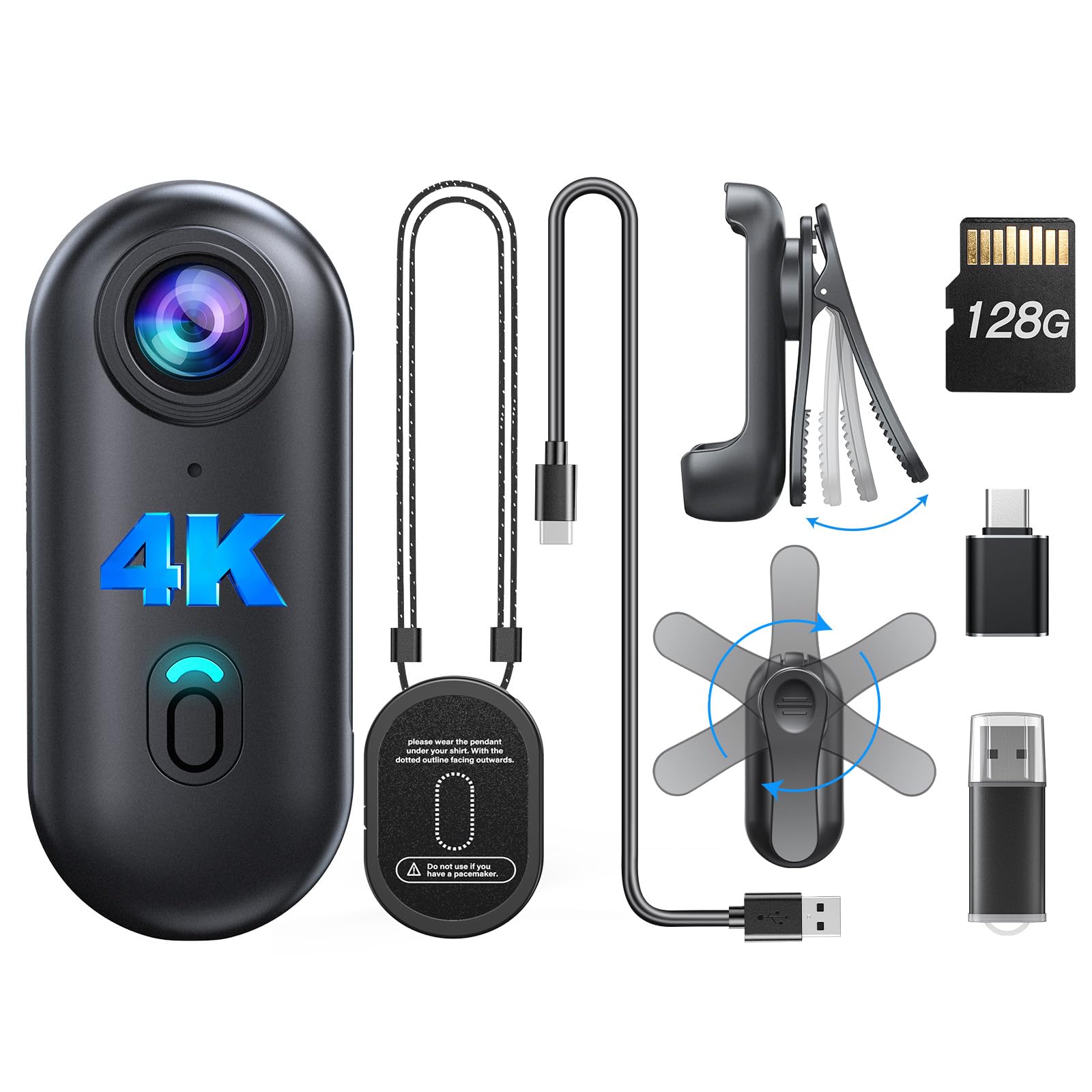 BOBLOV W4 4K Mini Body Camera, 128GB Magnetic Clip Wearable Camera | 360° rotata