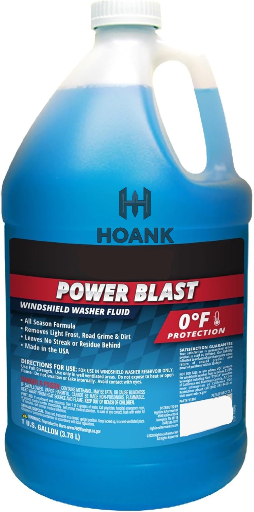 HOANK Power Blast Windshield Washer Fluid, 0°F Protection, Blue, 1 Gallon Jug, R